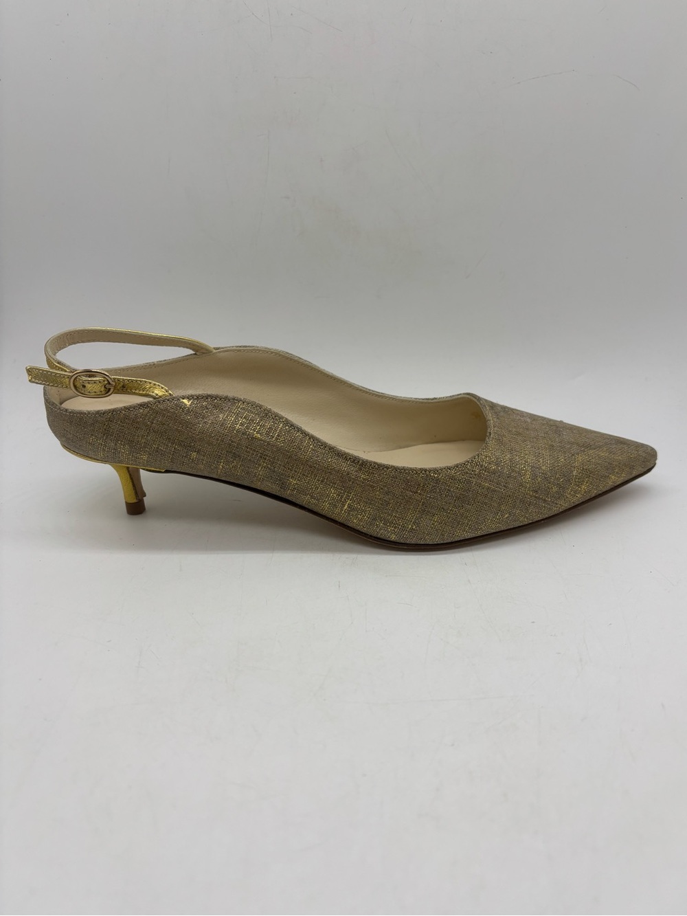Butter Brook Slingback Pointed Toe Kitten Heel Gold Wash Linen Size 8